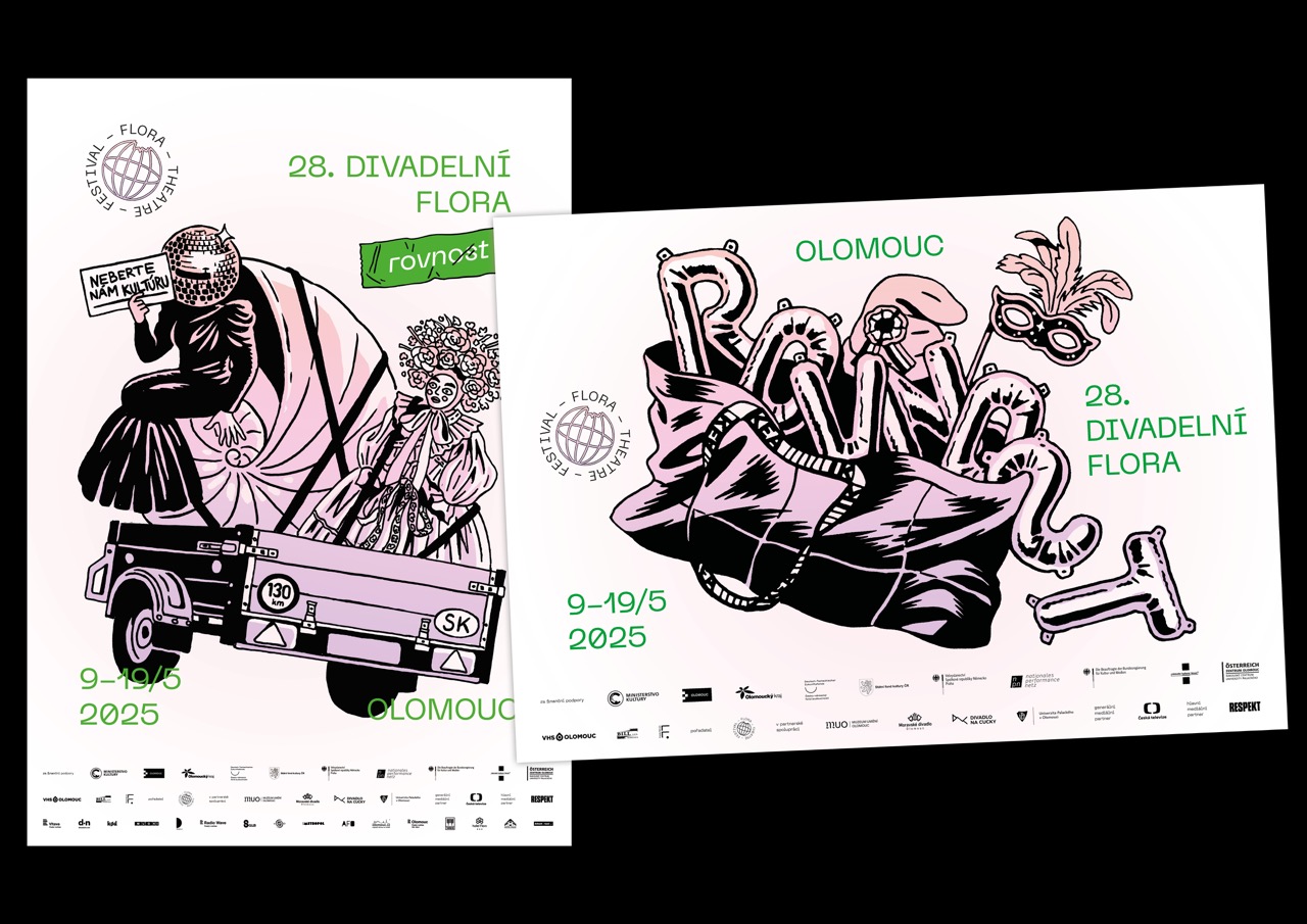 ilustrace pro vizuální identitu festivalu Divadelní Flora 2025 a platformu PiNKBUS