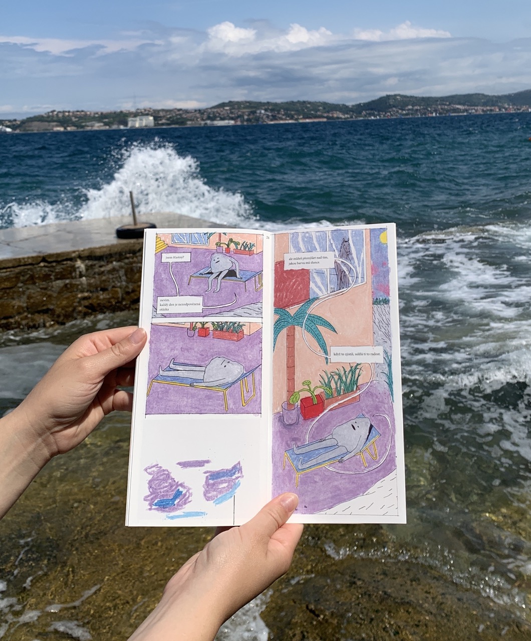 ilustrace autorského komiksu Kámen Osudu (UMPRUM) a ilustrace pro projekt The Architecture of Sharing: From Crisis to Resilience (UMPRUM, spolupráce: Hanna Palamarchuk)