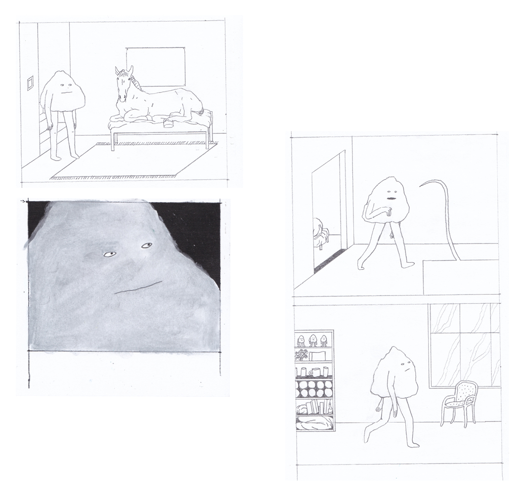 ilustrace autorského komiksu Kámen Osudu (UMPRUM) a ilustrace pro projekt The Architecture of Sharing: From Crisis to Resilience (UMPRUM, spolupráce: Hanna Palamarchuk)