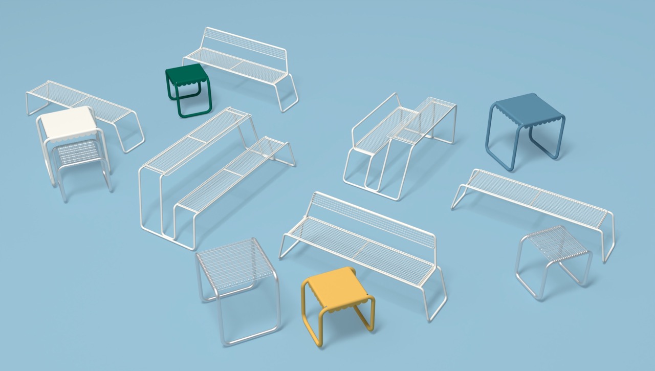 kavárenské stolky Maretta (Mikolášková & Drobná), piknikové stoly Line Grid a parkové lavičky Line Solo (Pavla Tylichová)