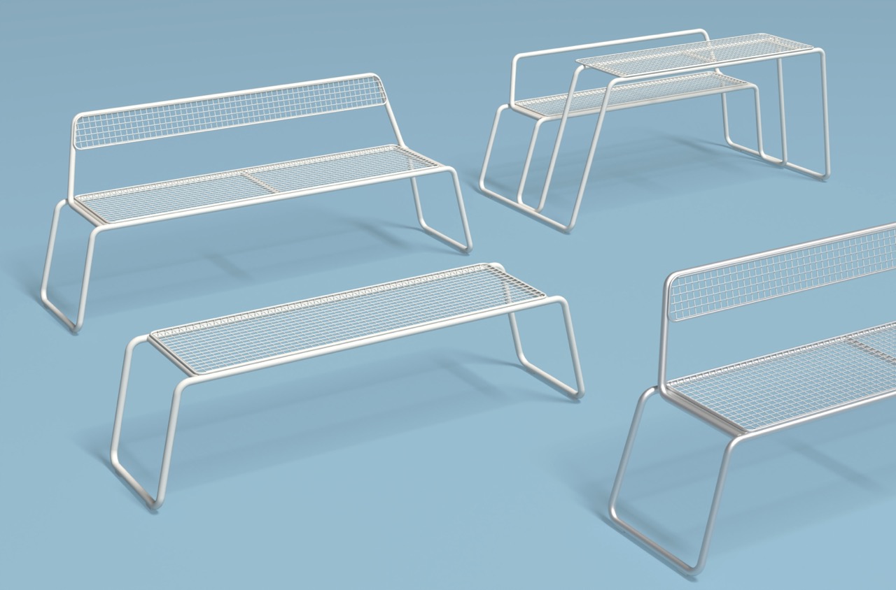 kavárenské stolky Maretta (Mikolášková & Drobná), piknikové stoly Line Grid a parkové lavičky Line Solo (Pavla Tylichová)