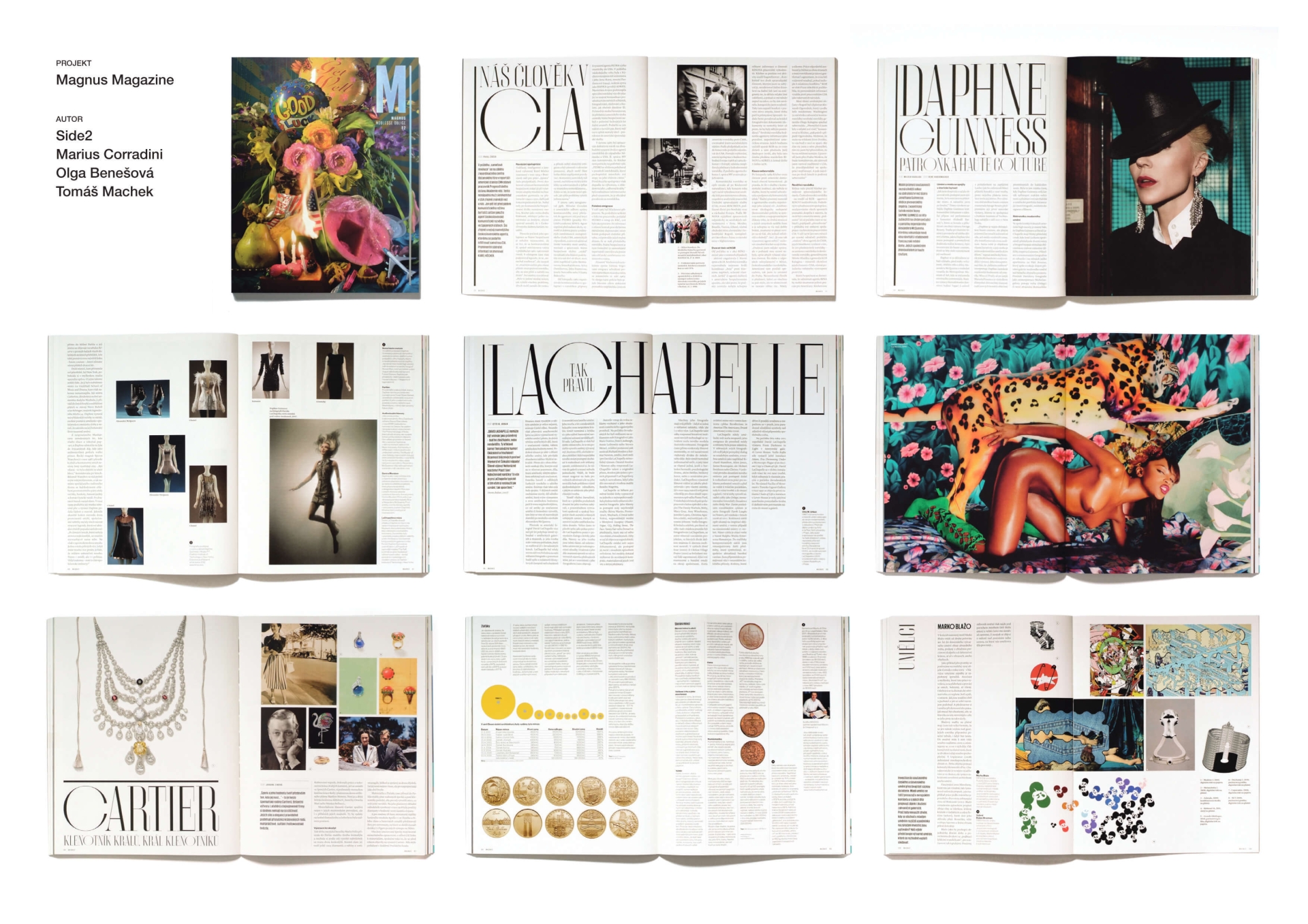 design of Magnus magazine, poster for the film In the Shadow, and graphic identity for the Mezipatra festival