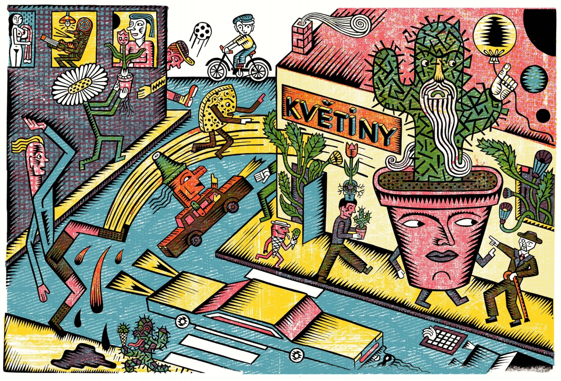 linocut illustrations for the book Panáček, Švestka, Poleno a zase Panáček (Vojtěch Mašek, Baobab)