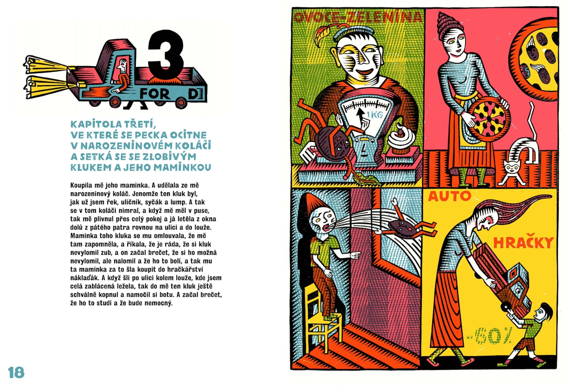 linocut illustrations for the book Panáček, Švestka, Poleno a zase Panáček (Vojtěch Mašek, Baobab)