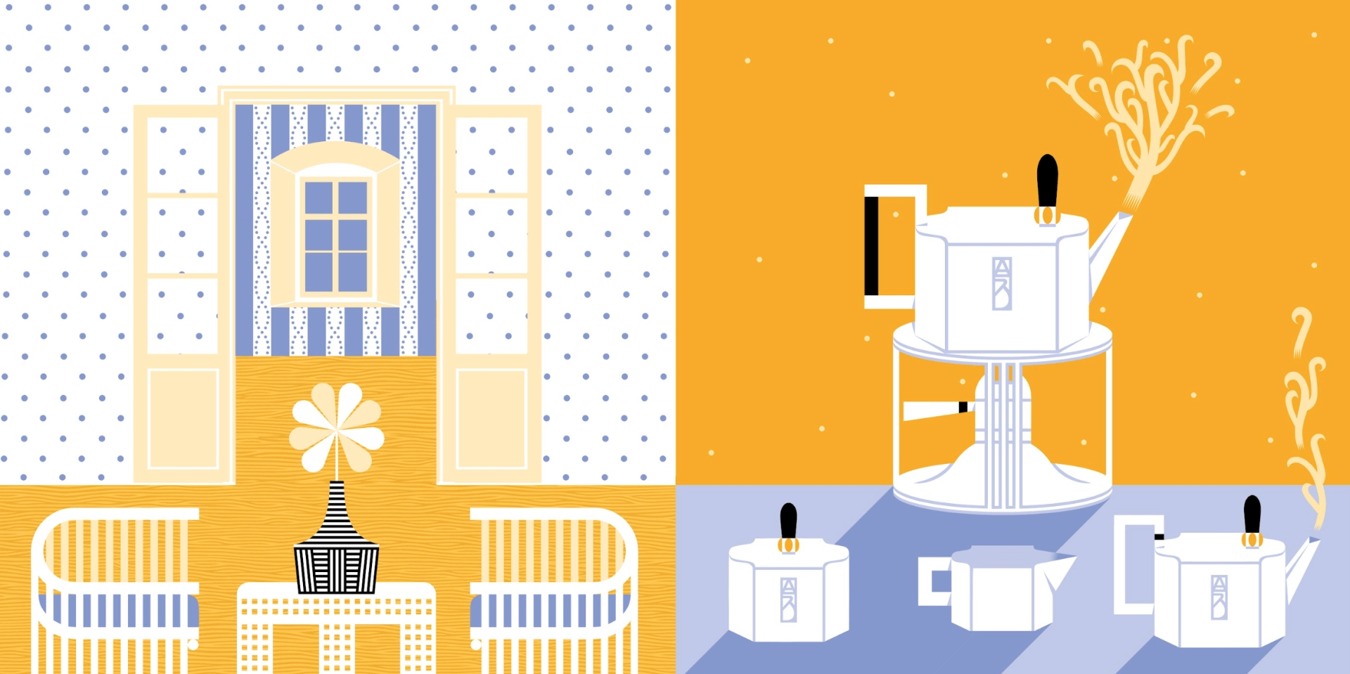 ilustrace kolekce Spektrum (Soolista for Nautis) a leporela Vzory a tvary a Domeček Josefa Hoffmana (Moravská galerie v Brně)